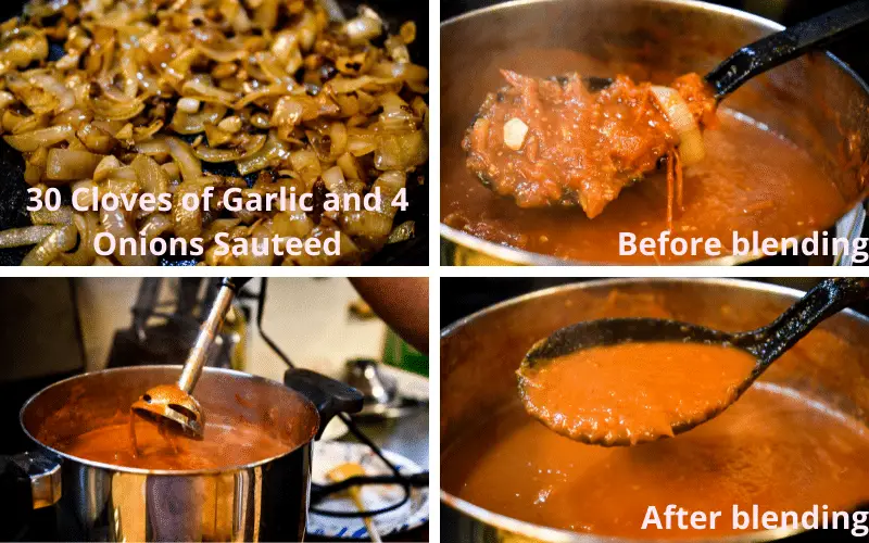 Garlic and onions being added to tomato sauce, and homemade tomato sauce being blended.