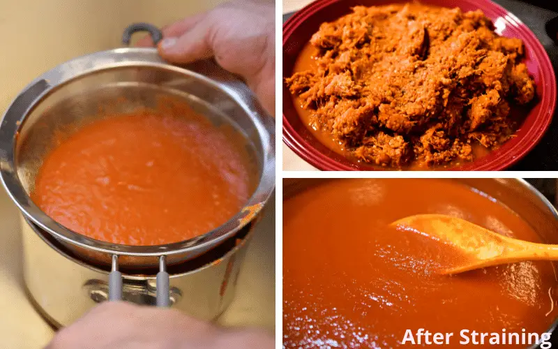 Homemade tomato sauce being strained, the left over pulp and smooth sauce after straining.