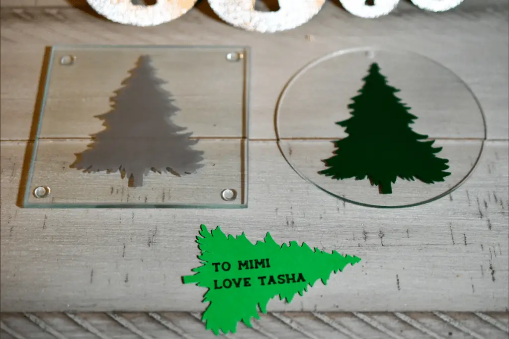 A Coaster, Ornament, and Tag made from a Christmas Tree SVG